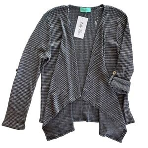 Filly Flair Womens L Gray Waffle Knit Draped Waterfall Open Cardigan Sweater Top